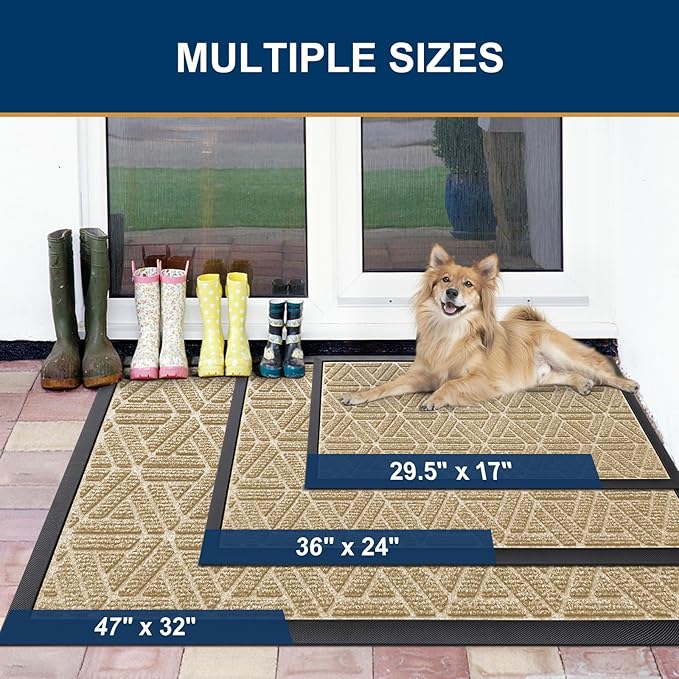 Smiry Front Door Mat Outside Entrance, Heavy Duty Sturdy Natural Rubber Doormat, Trap Dirt and Moisture, Easy Clean Low Profile Mats for Indoor Outdoor Entry, Grid Geometric (36x24, Beige)
