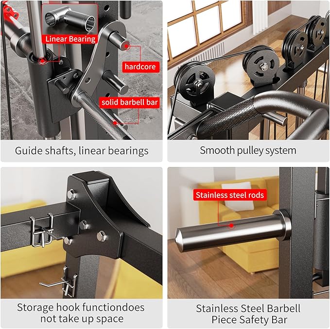 Smith Machine, Multi-Purpose Strength Power Cage with Cable Crossover System and More Training Accessories,Squat Rack Power Rack，Suitable for Home Gyms