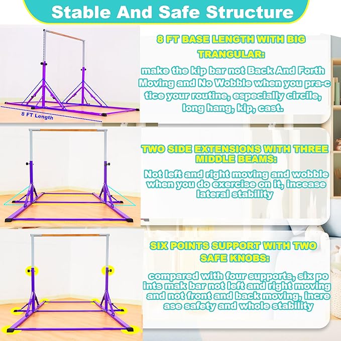 Marfula Gymnastic Bar For Kid and Teenage of 3-25, 5Ft/8 FT Base Length 4Ft Width 5Ft Adjust Height, Gymnastic Kip Bar For Gymnast, Gymnastic Training Equipment For Professional Training Home Club Use