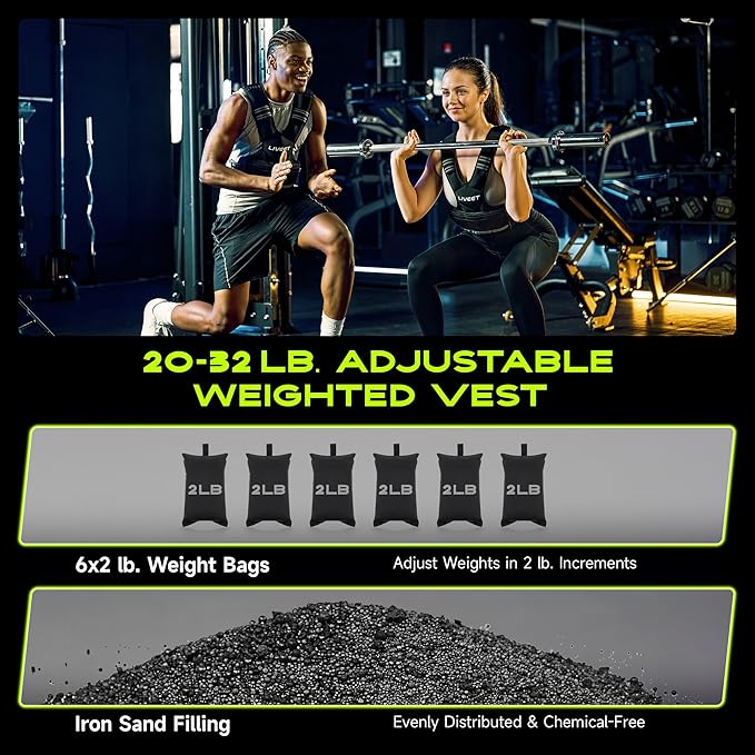 Adjustable Weighted Vest for Women Men, 4-10lb 11-20lb 20-32lb Weight Vest with 6 Ironsand Bags, Running Vest with Reflective Strips Adjustable Buckle Straps for Walking Strength Training