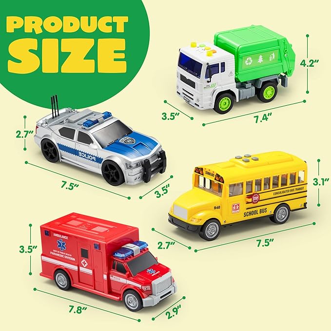 JOYIN 4 Pcs 7" Long Vehicle Toy Set, Toddlers Cars with Lights and Siren Sound, Including Play Police Car, School Bus, Garbage Truck, Ambulance, Birthday Christmas Party Gifts Toys for Boys 3-5