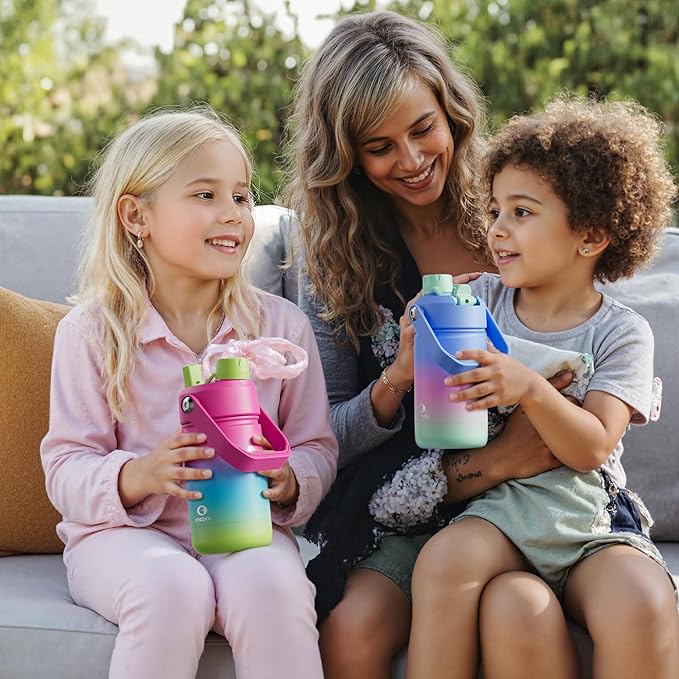 Kids Insualated Water Bottle with Straw - 12oz Stainless Steel Water Bottle with Dual Spouts, Leak-Proof, BPA-Free, Double Wall Vacuum Keeps Cold for 24 Hours for Sports, Travel (Knockout Pink)