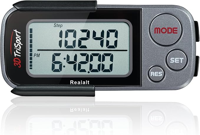 Realalt 3DTriSport Walking 3D Pedometer with Clip & Strap, eBook Included 30 Days Memory Accurate Step Counter, Walking Distance Miles/Km, Calorie Counter, Daily Exercise Time Monitor