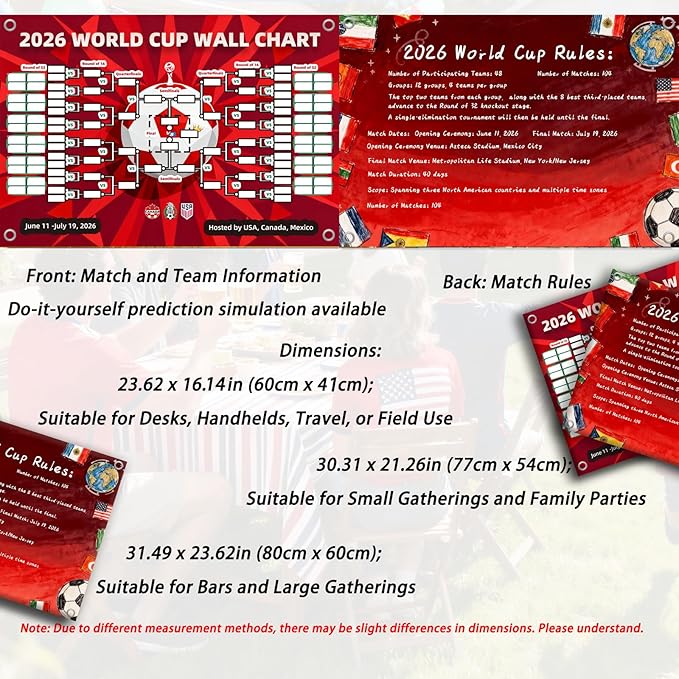 TOKLYUIE 2026 Waterproof 2 in 1 World Cup Soccer Schedule Poster Reusable Tear Resistant Poster for Fan Cave Wall Decor Football Fans Gift