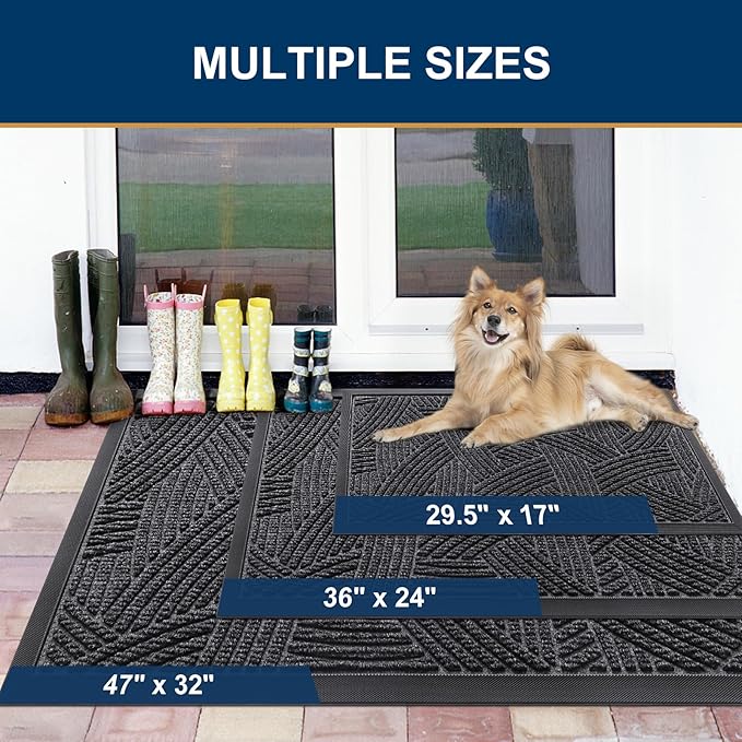 Smiry Front Door Mat Outside Entrance, Heavy Duty Sturdy Natural Rubber Doormat, Trap Dirt and Moisture, Easy Clean Low Profile Mats for Indoor Outdoor Entry, Interwoven Stripes (29.5x17, Grey)