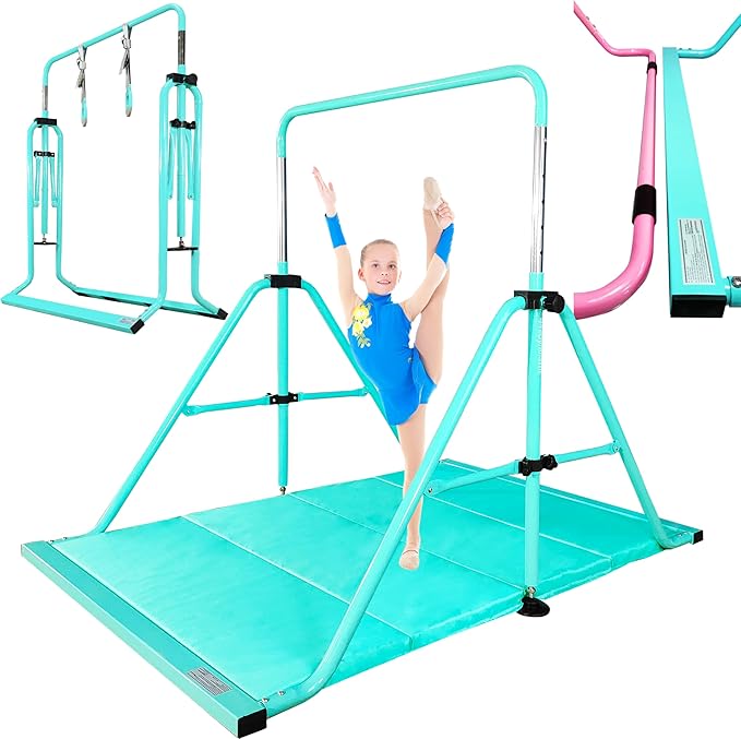 PreGymnastic Folding Gymnastics Bar with Rings, Foldable Kip Bar with Sturdier Base, Training Bar for Kids Ages 3-10, Horizontal Bar, Home Gym Equipment for Boy Girl