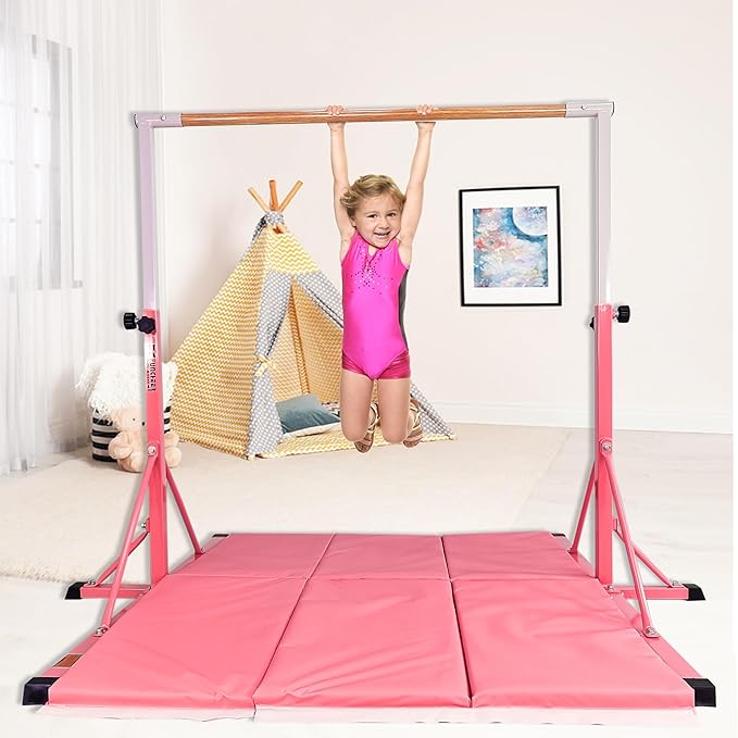Gymnastics Bar for Kids Ages 3-15, 35" to 60" Adjustable Height, 4FT Wide Base - Professional Kip Bar with 360° Stability & Fiberglass Crossbar, Easy Fold&Solid Design for Home Training