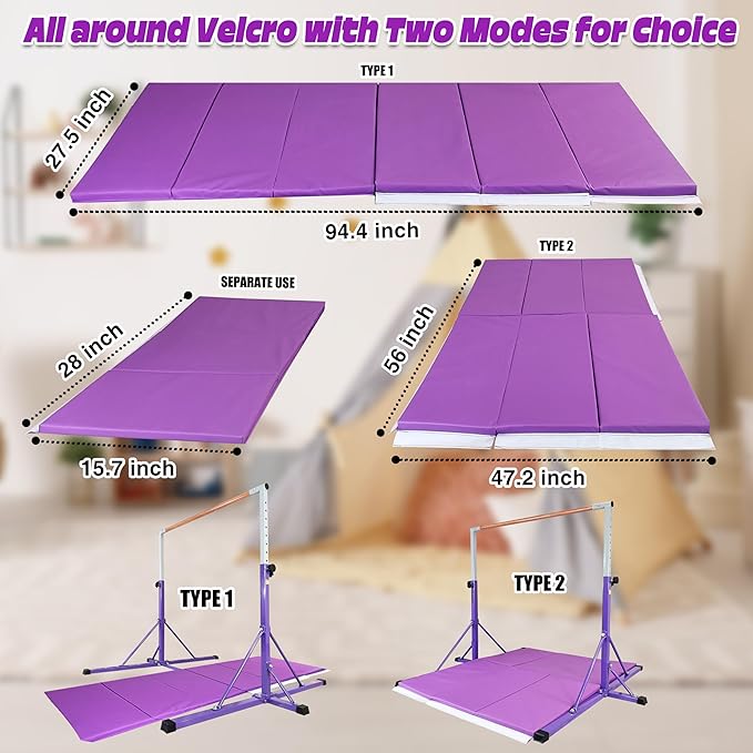 Gymnastics Bar for Kids Ages 3-15, 35" to 60" Adjustable Height, 4FT Wide Base - Professional Kip Bar with 360° Stability & Fiberglass Crossbar, Easy Fold&Solid Design for Home Training