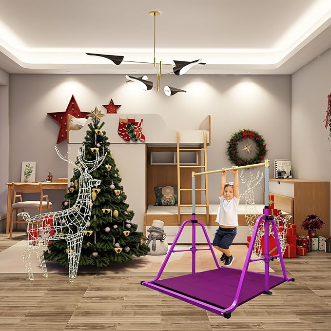 Foldable Gymnastics Kip Bar with Mat and Ring Set,3' to 5' Height Adjustable,Kids Gymnastic Equipment for Ages 3-15,Indoor and Home Training- Max Load 350LBS