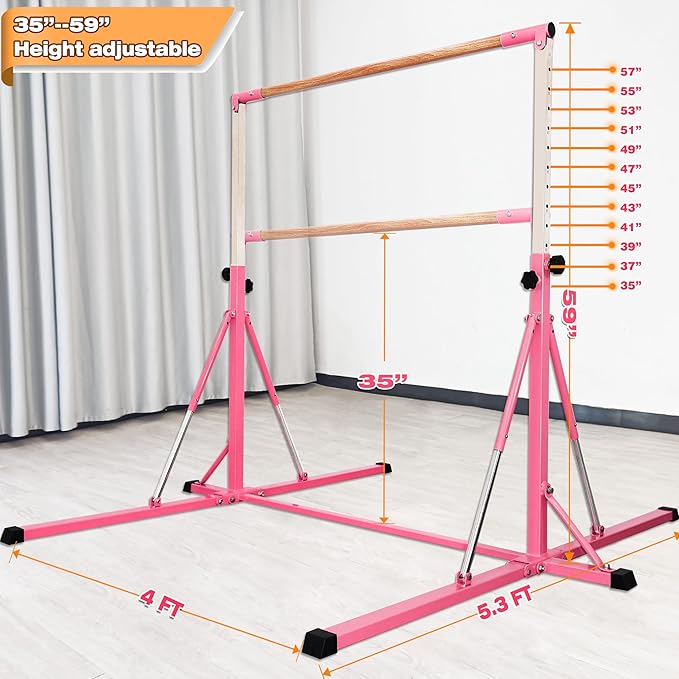 Gymnastics Bar for Kids Ages 3-15, 35" to 60" Adjustable Height, 4FT Wide Base - Professional Kip Bar with 360° Stability & Fiberglass Crossbar, Easy Fold&Solid Design for Home Training