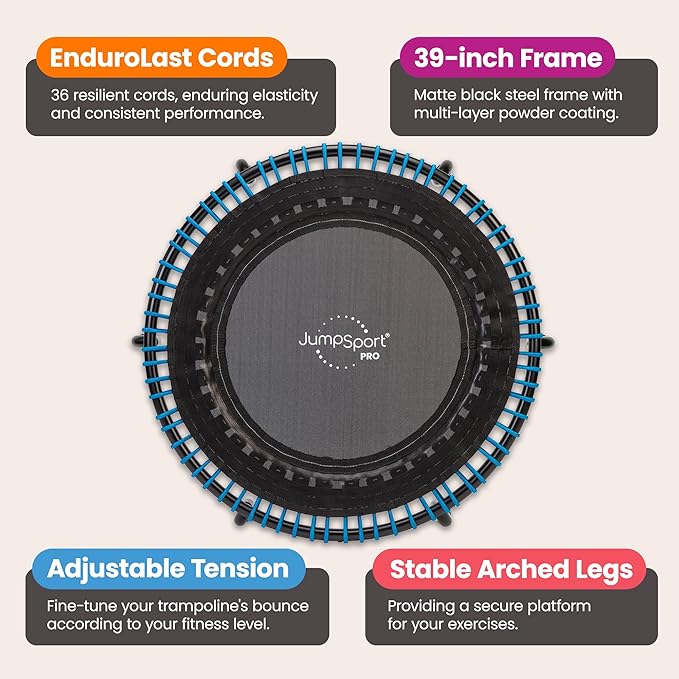 JumpSport 350 PRO Fitness Trampoline, Cardio Workout, No-Tip Arched Legs Home Gym Equipment, Adjustable Bungees & 60 Day Trial Video