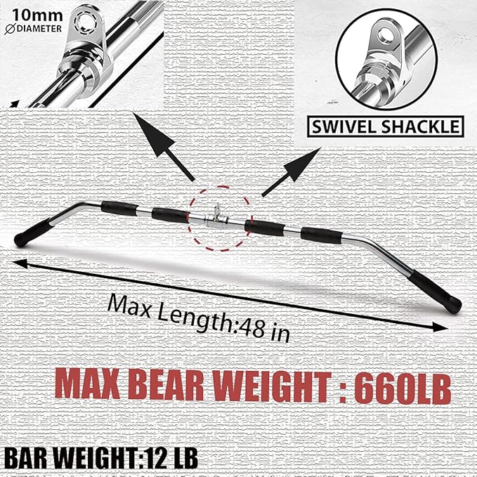 LAT Bar Cable Attachment with Rubber Handgrips, Deluxe Heavy Duty Solid Curl Bar Revolving Hanger Home Gym Cable Attachments