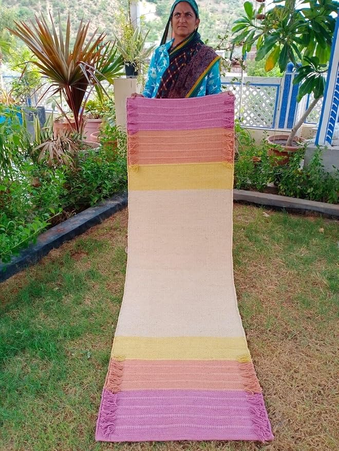 Indian Handmade100 % Organic Anti Skid Multi Colour Cotton Yoga Mat - Eco-Friendly Hand-Woven Rug - Non-Slip & Thick (24”x72”x5mm) for Hot yoga & Everyday Fitness at Home - Comfortable & Foldable Extra-Long Mat