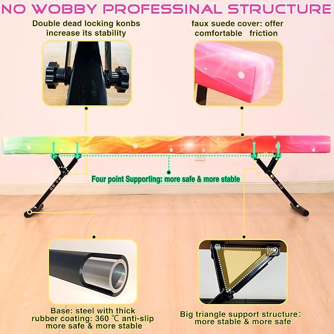 8 Ft Gymnastic Balance Beam with Adjustable Height From7 inch to 22 inch for Kids Children Home Practice, Adjustable Balance Beam with Leg, High and Low Floor Gymnatic Training Beam