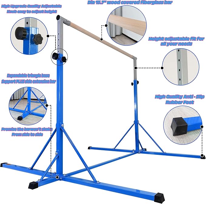 Gymnastics Bar, 5'10” Base length 45" to 71" Adjustable Horizontal Bar for Serious Training, 500 LBS Capacity, Professional Home Gym Equipment with Competition-Grade Beech-covered Fiberglass Bar