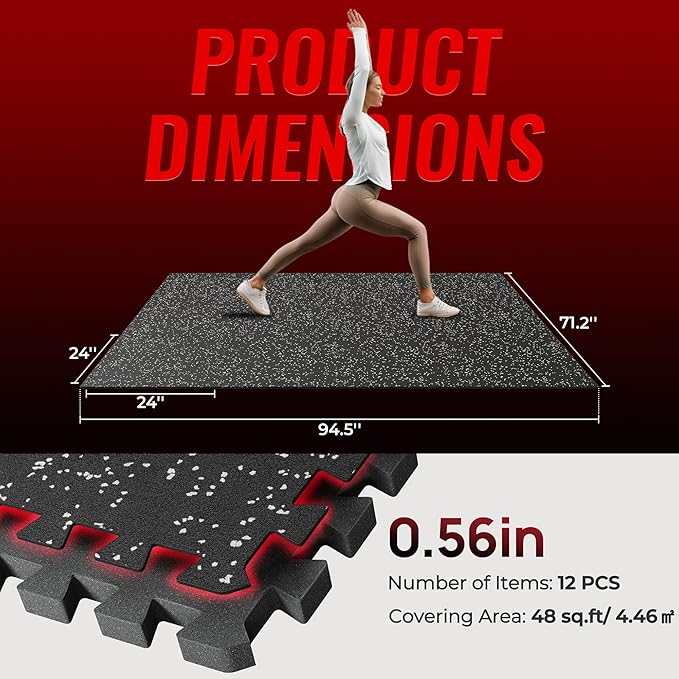 SUPERJARE 0.56'' Thick 12 Pcs 48 Sq Ft Rubber Top Exercise Equipment Mats, High Density EVA Foam Mats with Rubber Top, Interlocking Gym Flooring for Home Gym, Protective Workout Mat, Black/Grey