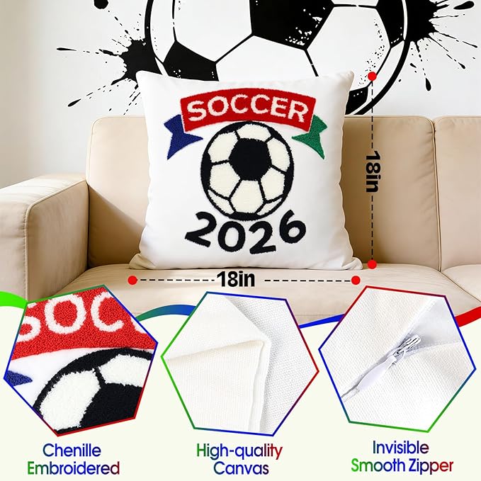18x18 Inches Decorative Pillow Covers 1pc for World Soccer 2026 Fans, Soccer Ball Embroidered Throw Pillows Cases for Couch Bed Room, Game Day Home Decor Pillows Covers Gifts for Women Men
