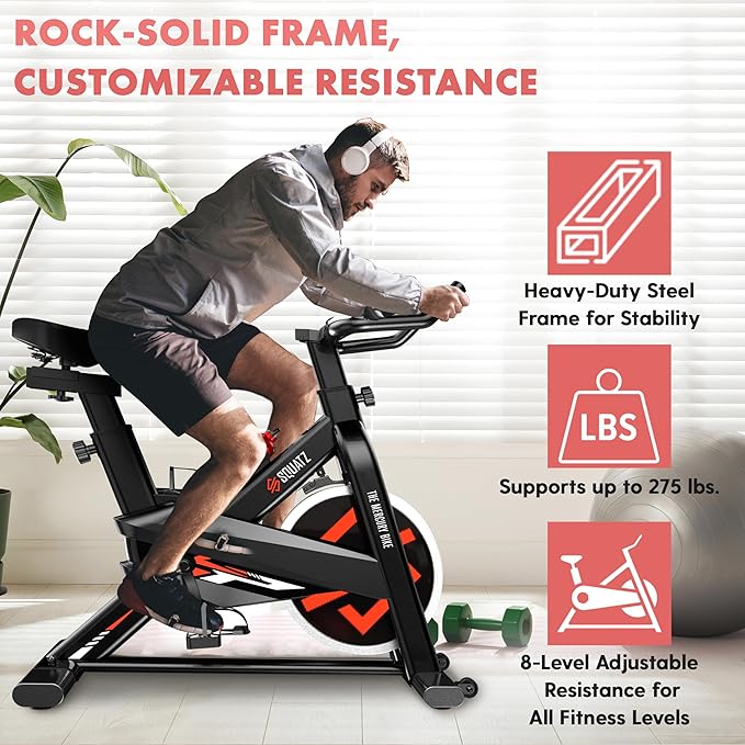 SQUATZ Indoor Exercise Bicycle With Training Console, 4-Way Adjustable Seat and Handlebar, 8 Resistance Levels, Workout Equipment for Home Gym with Comfortable Seat Cushion, Digital LCD Display