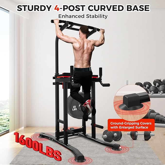 Outdoor Basic Power Tower, Pull Up Bar and Dip Station for Home Gym, 1600LBS Weight Capacity, Adjustable Height, Heavy Duty Steel Frame for Calisthenics, Strength Training Fitness Equipment