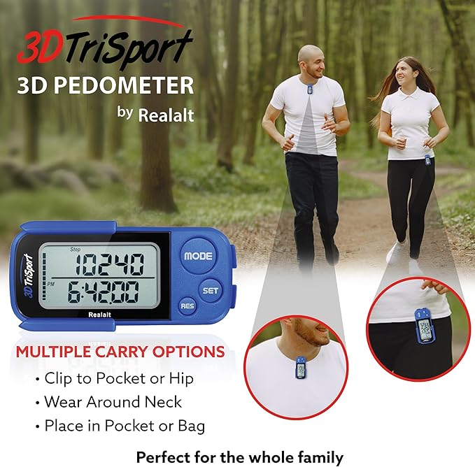 Realalt 3DTriSport Walking 3D Pedometer with Clip & Strap, eBook Included 30 Days Memory Accurate Step Counter, Walking Distance Miles/Km, Calorie Counter, Daily Exercise Time Monitor