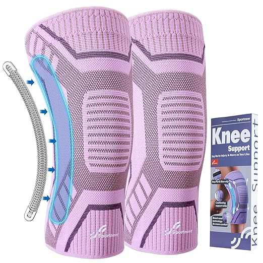 Sportneer Knee Brace with Dual Side Stabilizers – Maximum Support Compression Knee Sleeve for Men & Women, Anti-Slip Knee Support for Running, Workout, Arthritis, ACL & Pain Relief (Pink-Purple, Small(14.5"-16.5"))