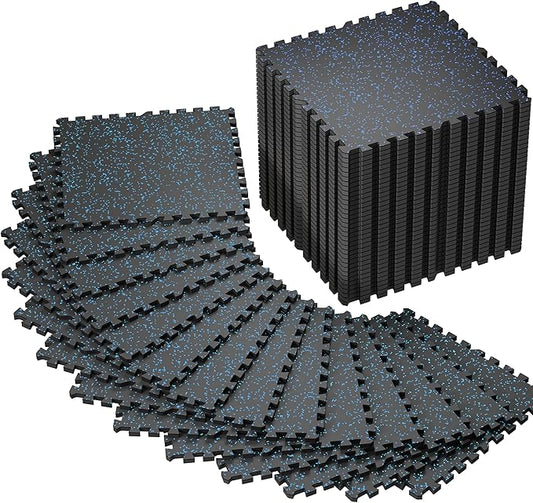 SUPERJARE 0.56'' Thick 48 Pcs 192 Sq Ft Rubber Top Exercise Equipment Mats, High Density EVA Foam Mats with Rubber Top, Interlocking Gym Flooring for Home Gym, Protective Workout Mat, Black/Blue