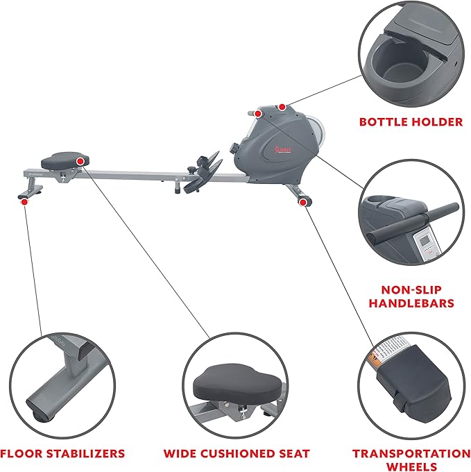 Sunny Health & Fitness Rower w/Long Slide Rail, Cardio Rowing Equipment for Home Gym Training w/LCD Monitor & Device Holder, Optional Free SunnyFit App Bluetooth Connection