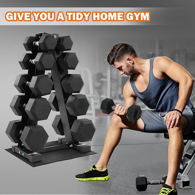 Fitvids 150 LB Rubber Coated Hex Dumbbell Set with Storage Rack, 5-25LB Hand Weight Set with Anti-Slip Grip for Home Gym