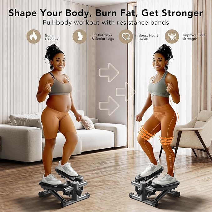 Mini Stepper with Resistance Bands, Stair Stepper for Exercise at Home, Compact Hydraulic Fitness Machine, Adjustable Step Height, Quiet Design, 300LBS Capacity, Calories, and Steps Tracking