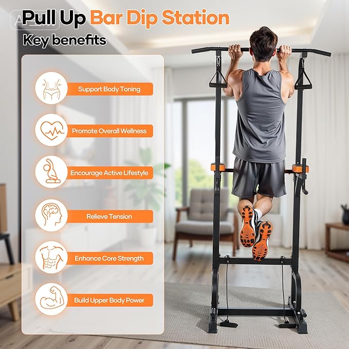 Power Tower Pull Up Bar,Pull Up Bar Station, 6-Level Adjustable Pull Up Dip Station for Home Gym, 450 Lbs Weight Capacity, Strength Training Fitness Workout Equipment with Power Elastic Ropes