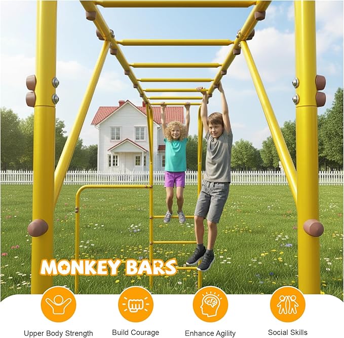 Outdoor Monkey Bars for Kids, Steel Monkey Bars for Backyard, with Climbing and Gymnastics Bar,Free-Standing Playset for Children Age 3-12,Compact for Small Yards, Yellow