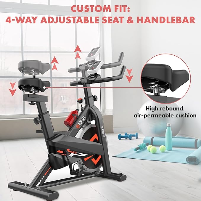 SQUATZ Indoor Exercise Bicycle With Training Console, 4-Way Adjustable Seat and Handlebar, 8 Resistance Levels, Workout Equipment for Home Gym with Comfortable Seat Cushion, Digital LCD Display