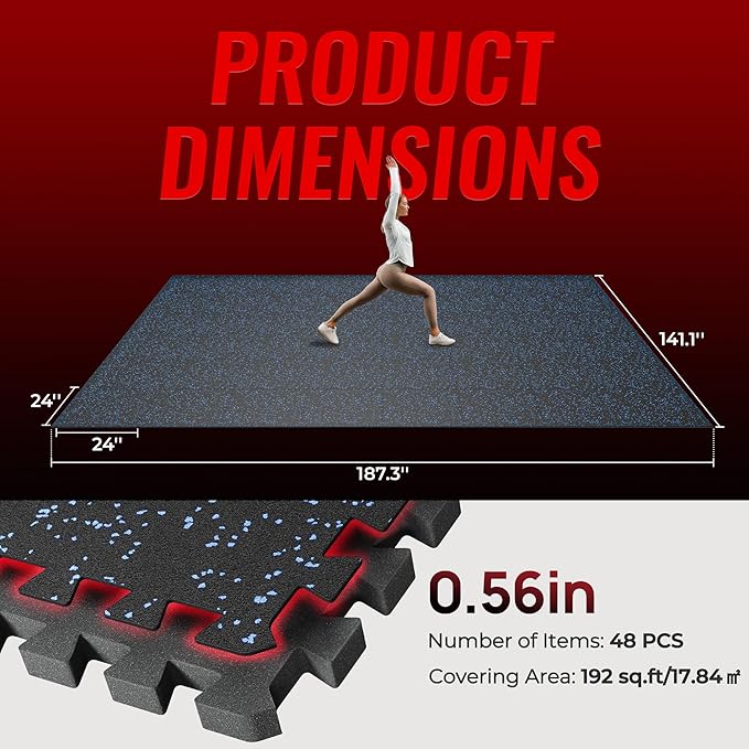 SUPERJARE 0.56'' Thick 48 Pcs 192 Sq Ft Rubber Top Exercise Equipment Mats, High Density EVA Foam Mats with Rubber Top, Interlocking Gym Flooring for Home Gym, Protective Workout Mat, Black/Blue