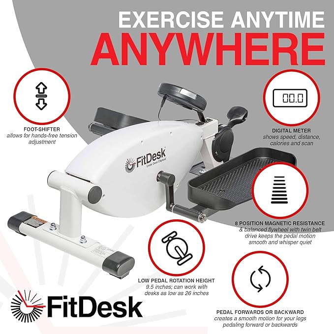FitDesk Under Desk Bike Exercise Machine, Compact Magnetic Pedal Exerciser, Mini Elliptical, Quiet Seated Cardio Trainer for Home Office Workouts, Adjustable Resistance Bike for Desk Fitness