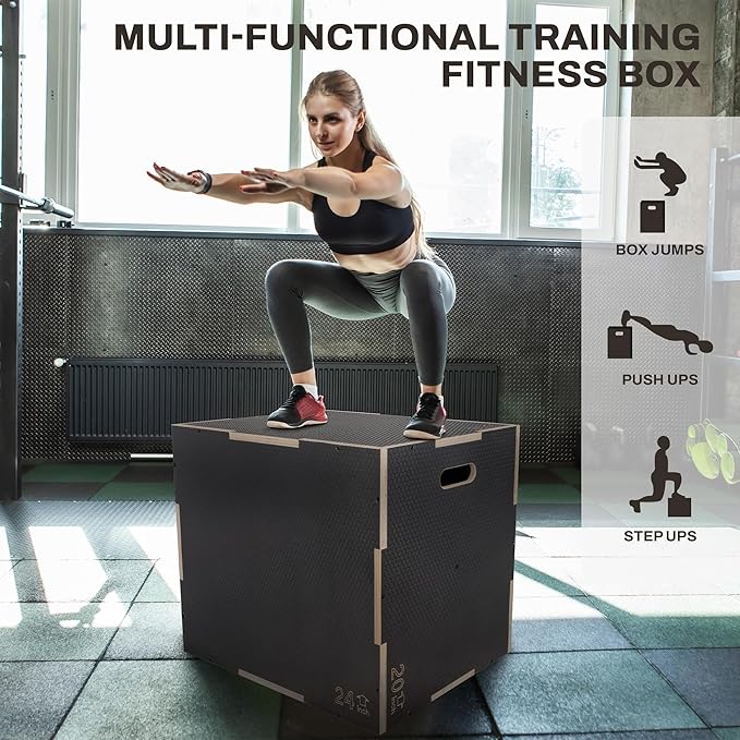 Fitvids 3 in 1 Non-Slip Wooden Plyo Box Plyometric Box Jumping Exercise, 20x24x30 Inches, Gray