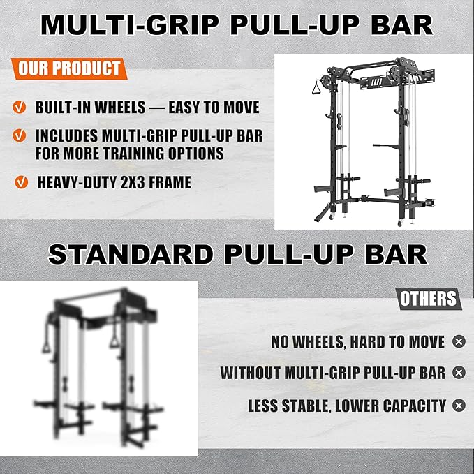 Folding Power Rack, Wall Mounted Squat Rack with Cable Pulley System, Multi-Grip Pull-Up Bar, Landmine for Home Gym, Compact Power for Small Spaces, FR67