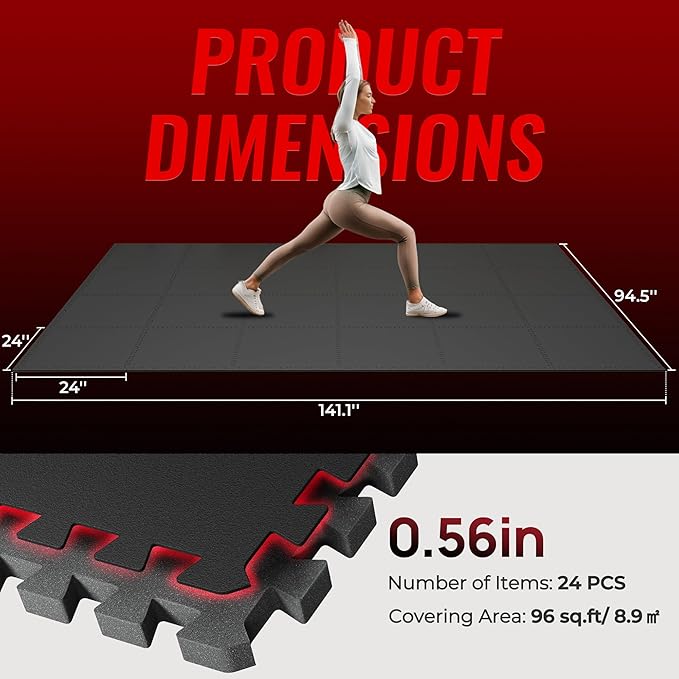 SUPERJARE 0.56'' Thick 24 Pcs 96 Sq Ft Rubber Top Exercise Equipment Mats, High Density EVA Foam Mats with Rubber Top, Interlocking Gym Flooring for Home Gym, Protective Workout Mat, Black