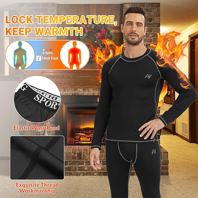 Men Thermal Underwear Set Long Johns with Fleece Lined Base Layer Men Cold Weather Top Bottom for Skiing Running