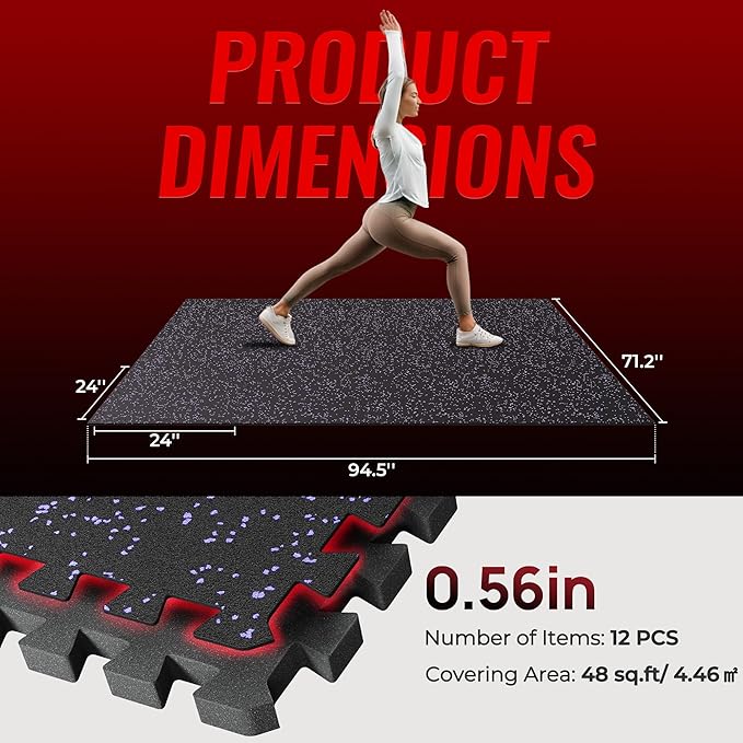 SUPERJARE 0.56'' Thick 12 Pcs 48 Sq Ft Rubber Top Exercise Equipment Mats, High Density EVA Foam Mats with Rubber Top, Interlocking Gym Flooring for Home Gym, Protective Workout Mat, Black/Purple