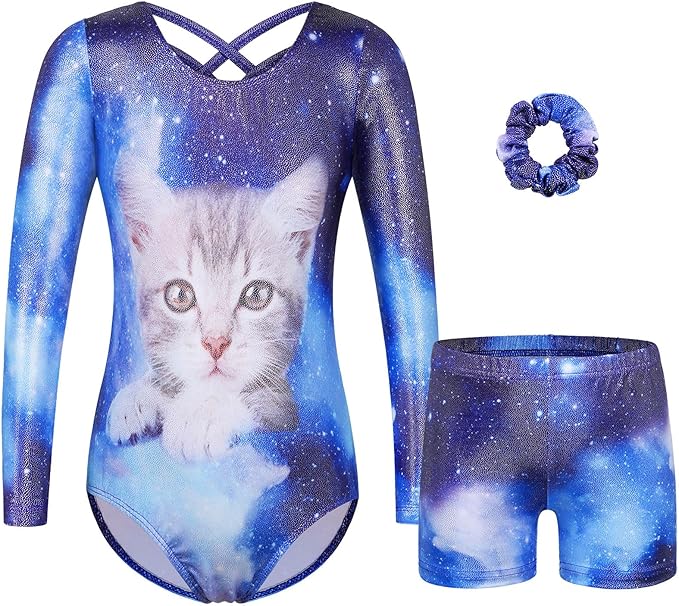 BAOHULU Gymnastics Leotards for Girls Long Sleeve Sparkly Cute Pattern Dance Outfit with Matching Shorts Set