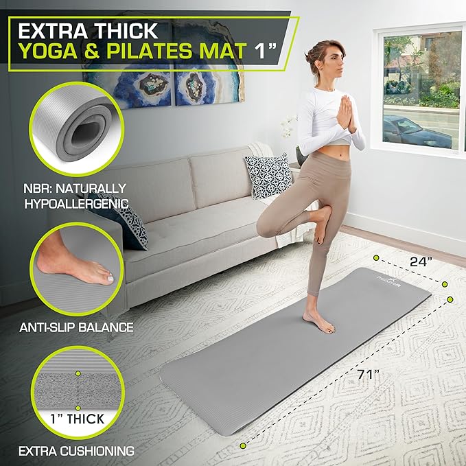 ProsourceFit Extra Thick Yoga and Pilates Mat ½” (13mm) or 1" (25mm), 71-inch Long High Density Exercise Mat with Comfort Foam and Carrying Strap