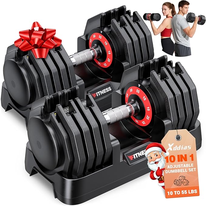 XDDIAS Adjustable Dumbbell Set of 2, 25/55/80LB Dumbbell Set-Fast Adjust Weights Set, 5/10/16 in 1 Free Weights Dumbbells Set with Anti-Slip Metal Handle, Compact Size for Men/Women Home Gym Equipment