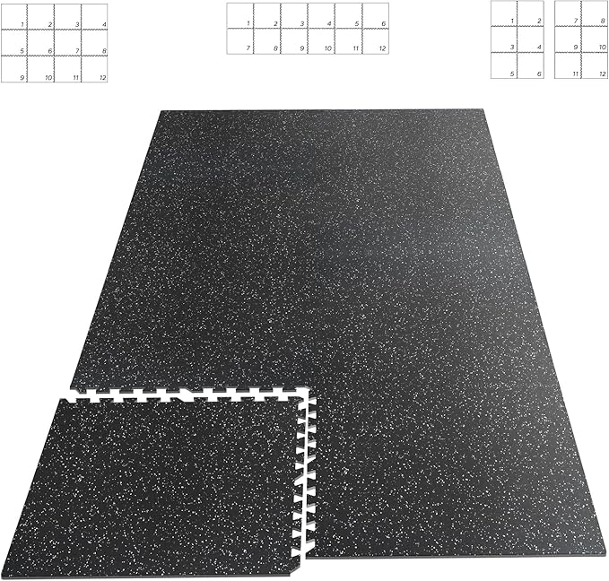 HAPBEAR 0.56'' Thick 12 Pcs 48 Sq Ft Exercise Equipment Mats - High-Density Rubber Top EVA Foam Interlocking Mats, 24x24in Tiles, Heavy-Duty Treadmill Mat for Hardwood Floors, Home Gym Mat