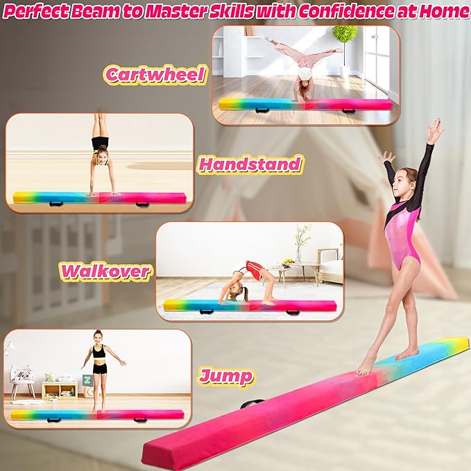 PreGymnastic 6FT/8FT/9.5FT Folding Balance Beam for Kids Ages 3-12, Foldable Gymnastics Floor Beam-Extra Firm Suede Cover with Carrying Bag for Home-Gym Equipment for Toddler Teenager
