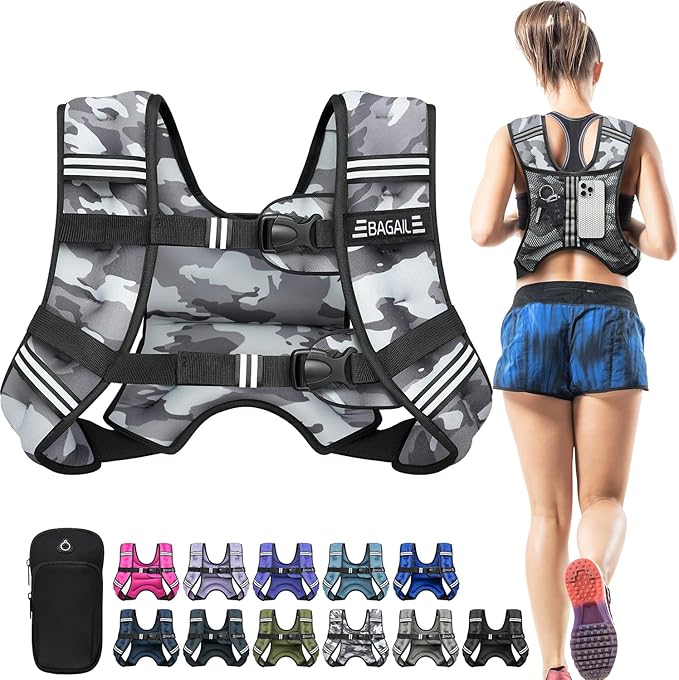 BAGAIL Weighted Vest, 5lb/8lb/10lb/12lb/15lb/20lb/25lb/30lb Weight Vest for Walking & Weight Loss, Reflective Rucking Vest with Phone Pouch for Women & Men, Home Gym & Outdoor Training