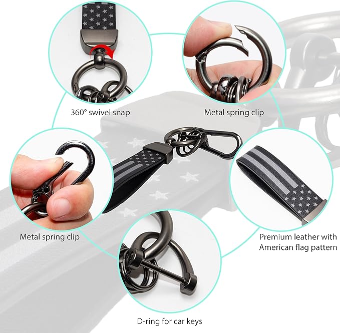 Car Key Chain, Leather Cars Keychains for Men, American Usa Flag Key Chains with Anti-Lost D-Ring Men Car Accessories