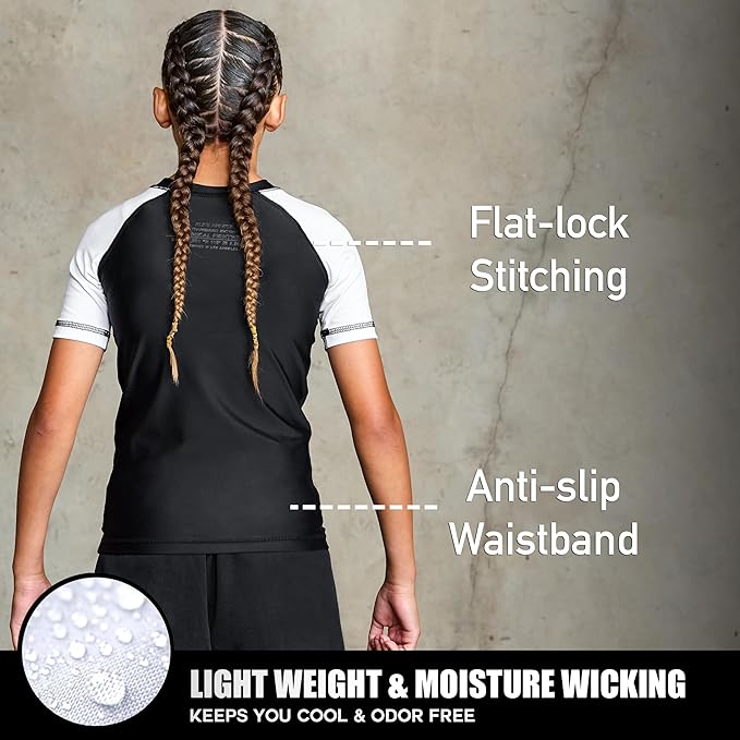 Elite Sports Kids Jiu Jitsu BJJ Rash Guard, Short Half Sleeve Compression Shirt for Youth Boys Girls Sports Nogi Training