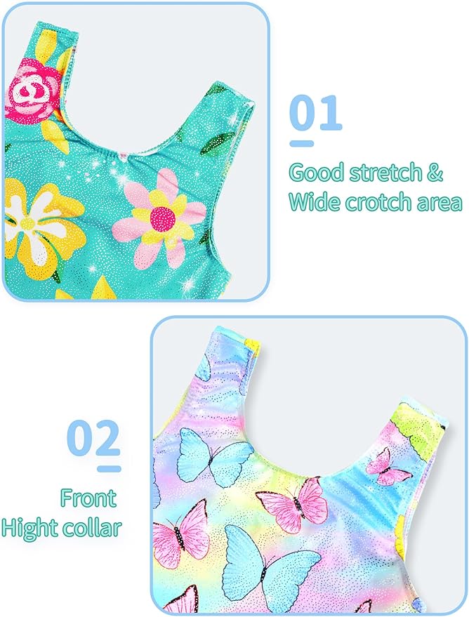 Nymphperi 2 Packs Gymnastics Leotard for Girls Sparkle Biketards with Shorts Kids Sleeveless Unitard One-Piece Dancewear
