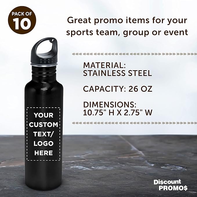 DISCOUNT PROMOS Custom Stainless Steel Water Bottles 26 oz. Set of 10, Personalized Bulk Pack - Reusable, Leak Proof, Perfect for Gym, Hiking, Camping, Outdoor Sports - Black