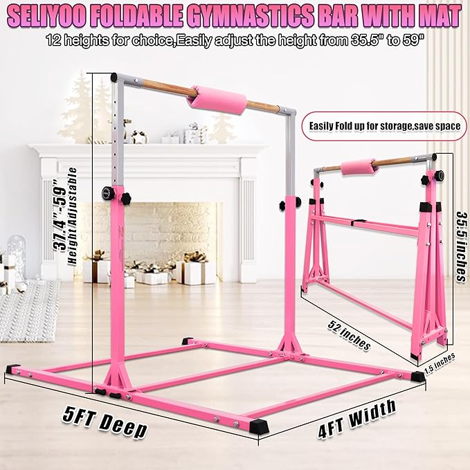 Foldable Gymnastic Bar for Kids Ages 3-20,5FT/6FT Horizontal Bar Base Length,Height Adjustable Kids Training Bar for Gymnastics,Gymnastics Equipment for Home Clubs